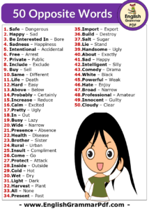 50 Opposite Words, English Opposite, Antonym Words