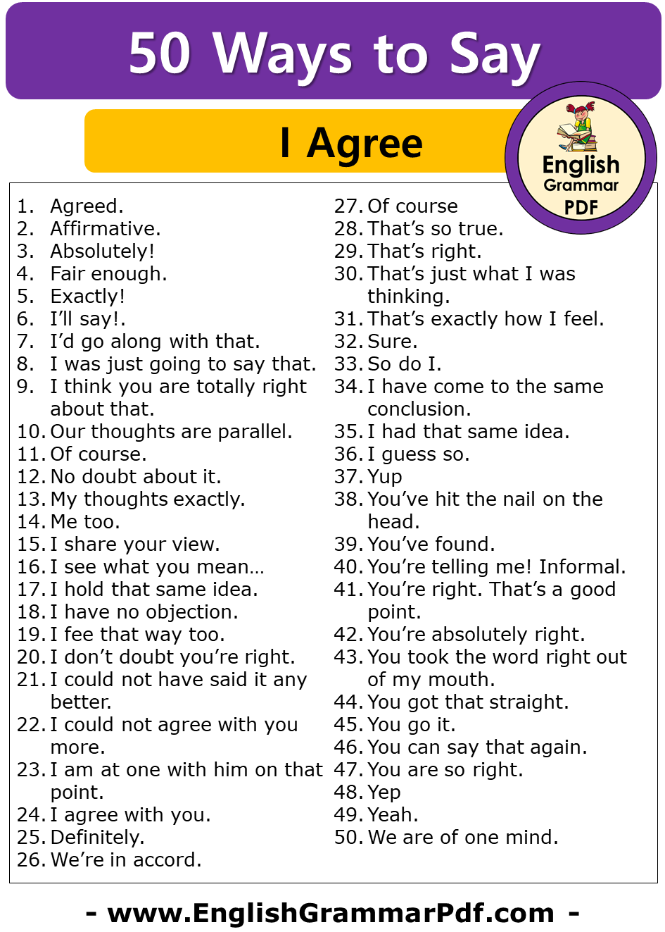 50 Other Ways To Say I Agree, English Phrases Examples
