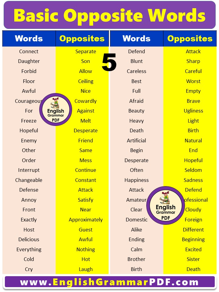 Basic Opposites Words List in English 5
