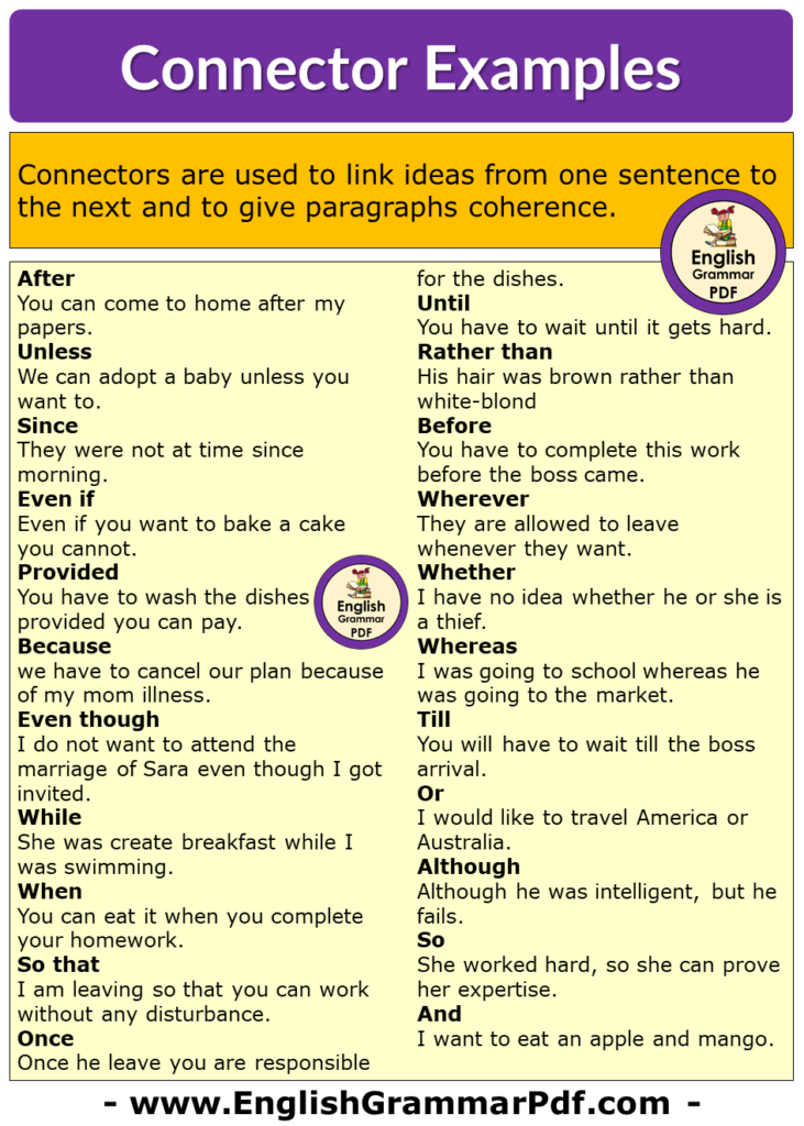 Connectors and Example Sentences in English
