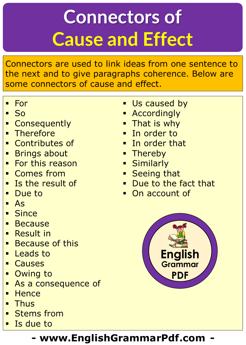 Connectors of Cause & Effect List in English