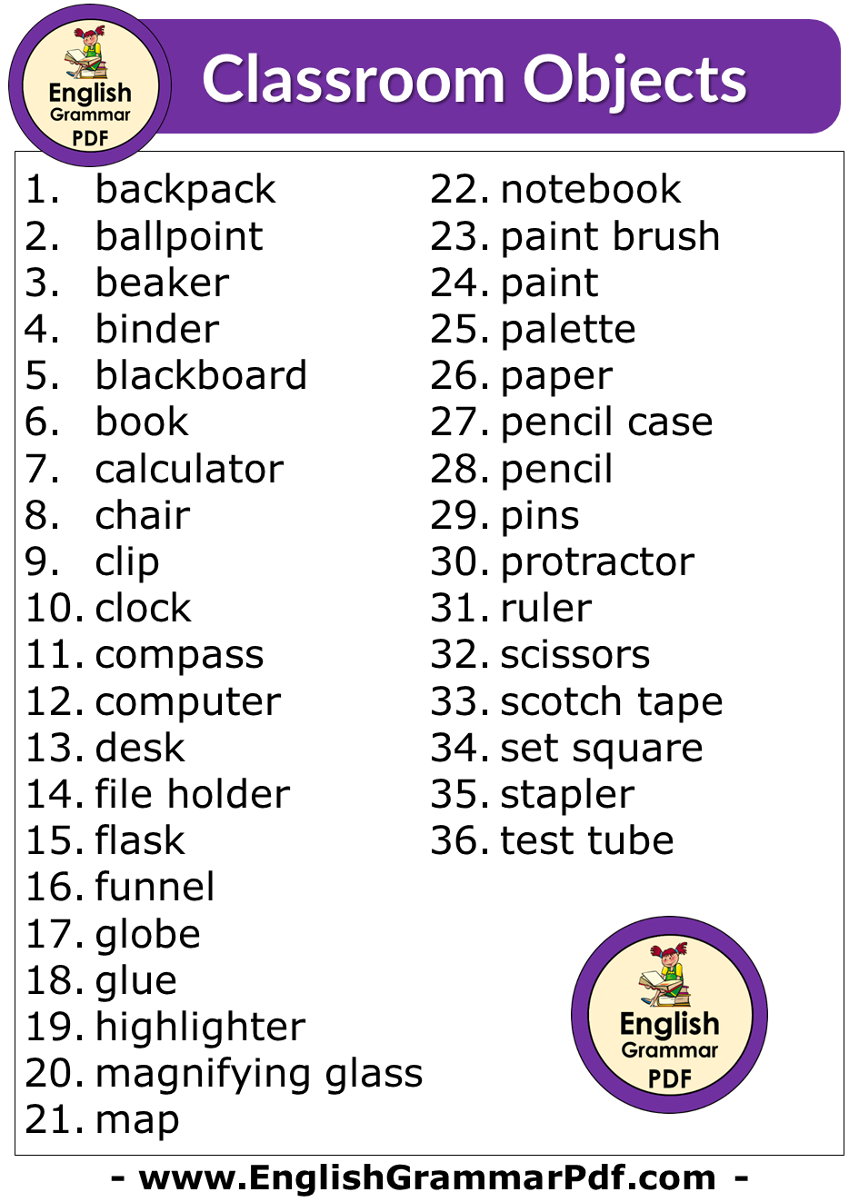 List of Classroom Objects in English
