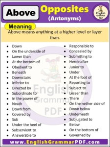 Opposite Of Above, Antonyms of Above, Meaning and examples in english pdf