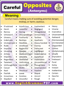 Opposite Of Careful, Antonyms of Careful, Meaning and examples in english pdf