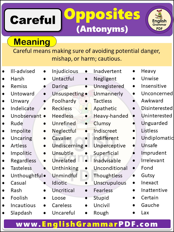 Opposite Of Careful, Antonyms of Careful, Meaning and examples in english pdf