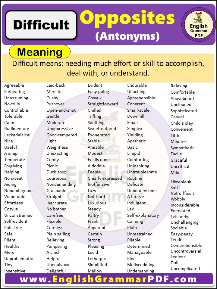 Opposite Of Difficult, Antonyms of Difficult, Meaning and examples in english pdf