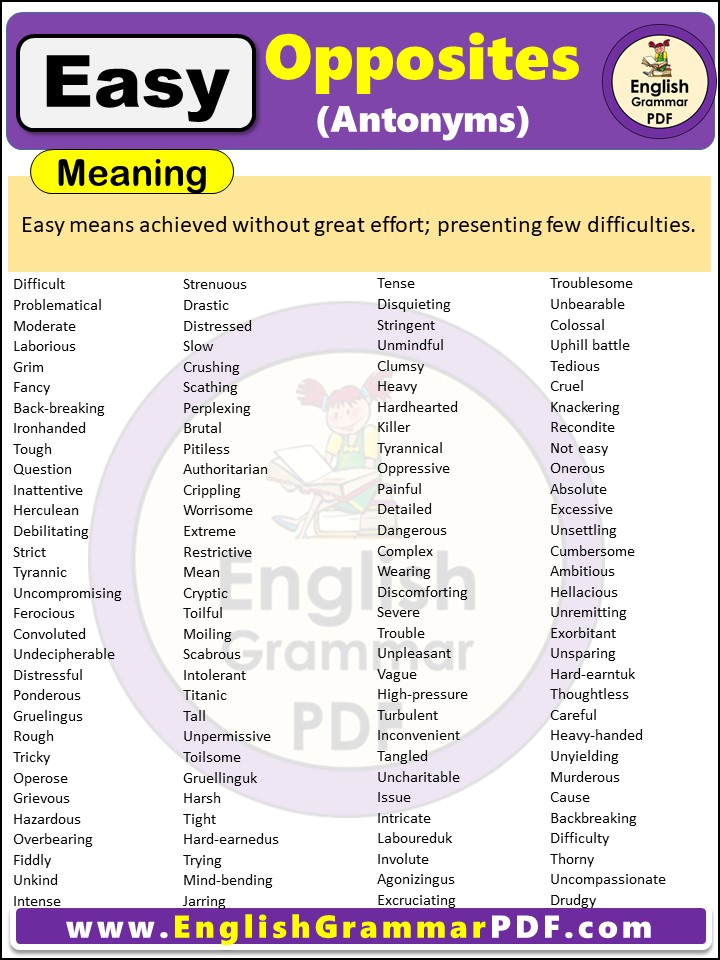 Opposite Of Easy, Antonyms of Easy, Meaning and Examples in english pdf