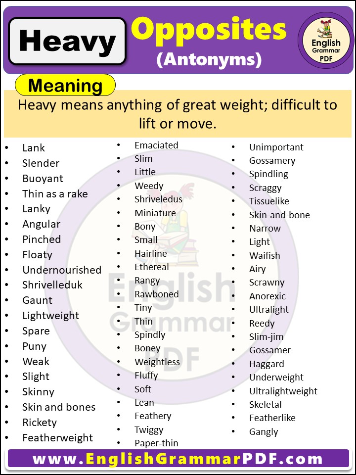 Opposite Of Heavy, Antonyms of Heavy, Meaning and examples in english pdf