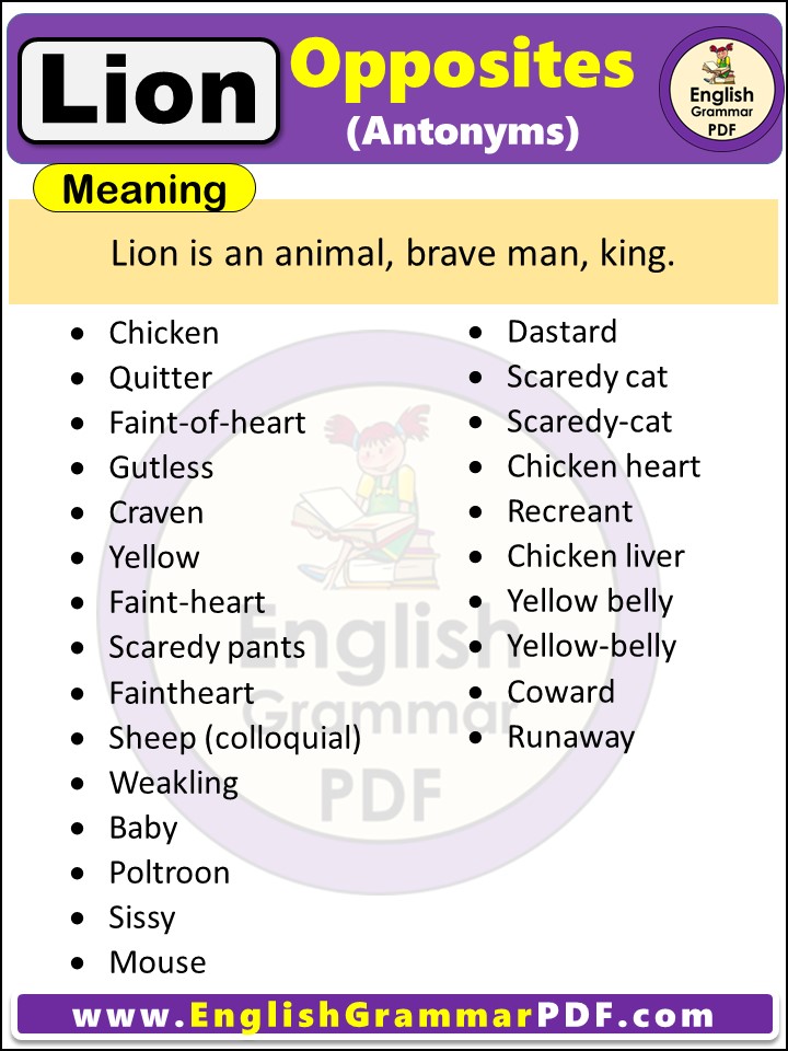 Opposite Of Lion, Antonyms of Lion, Meaning and Examples in english pdf