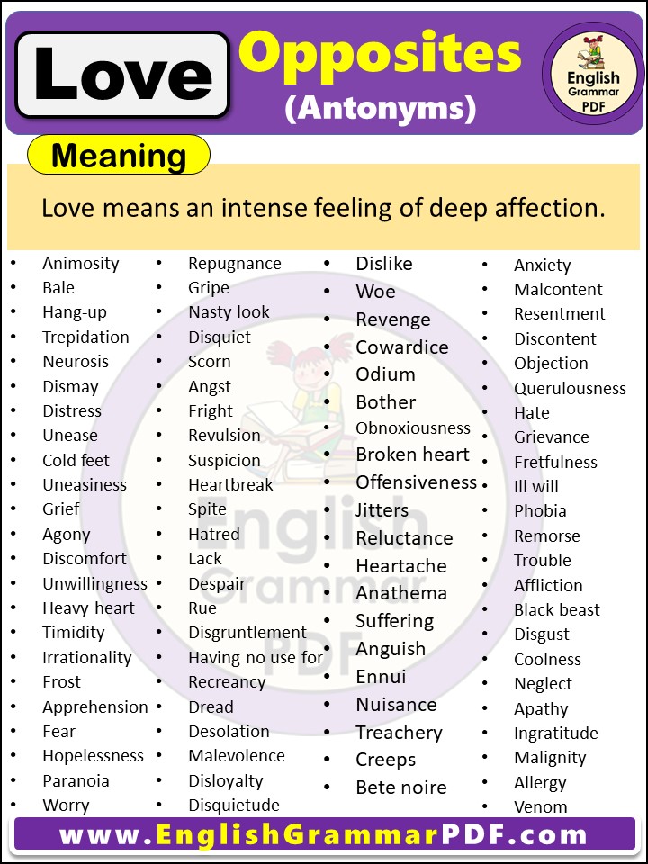 Opposite Of Love, Antonyms of Love, Meaning and Examples in english pdf