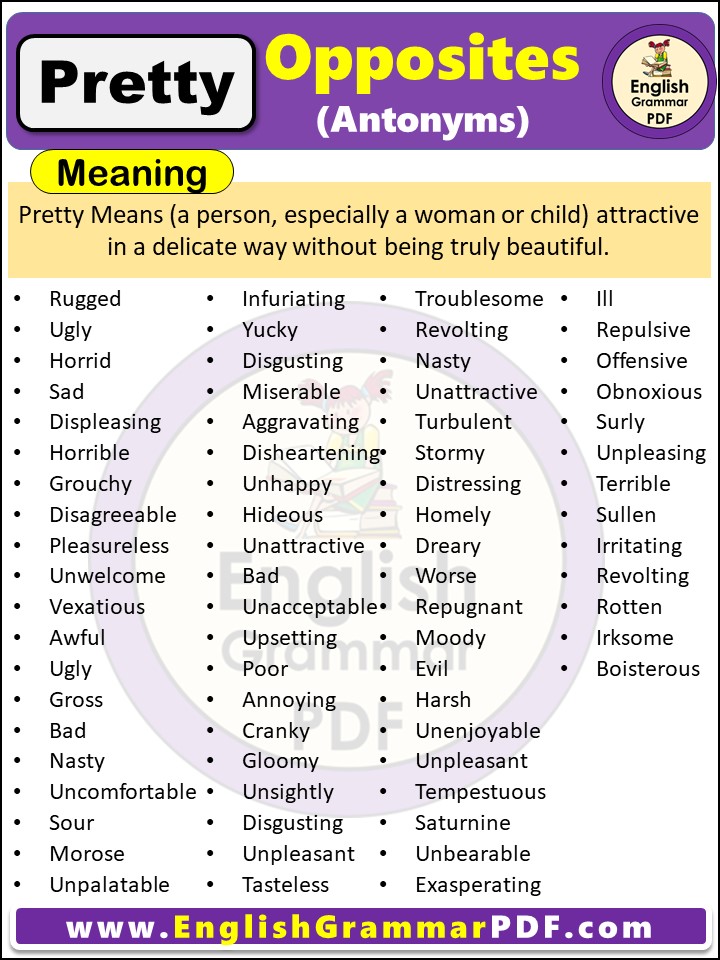 Opposite Of Pretty, Antonyms of Pretty, Meaning and Examples in english pdf
