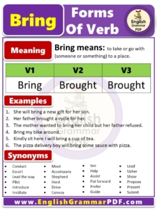 Past tense of Bring, Past Participle form of Bring, Bring V1 V2 V3 forms of Verb PDF