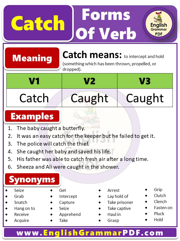Past tense of Catch, Past Participle form of Catch, Catch V1 V2 V3 forms of Verb PDF