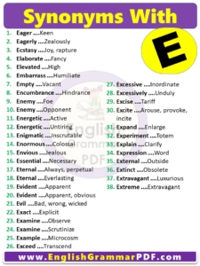 Synonym Words Starting with e