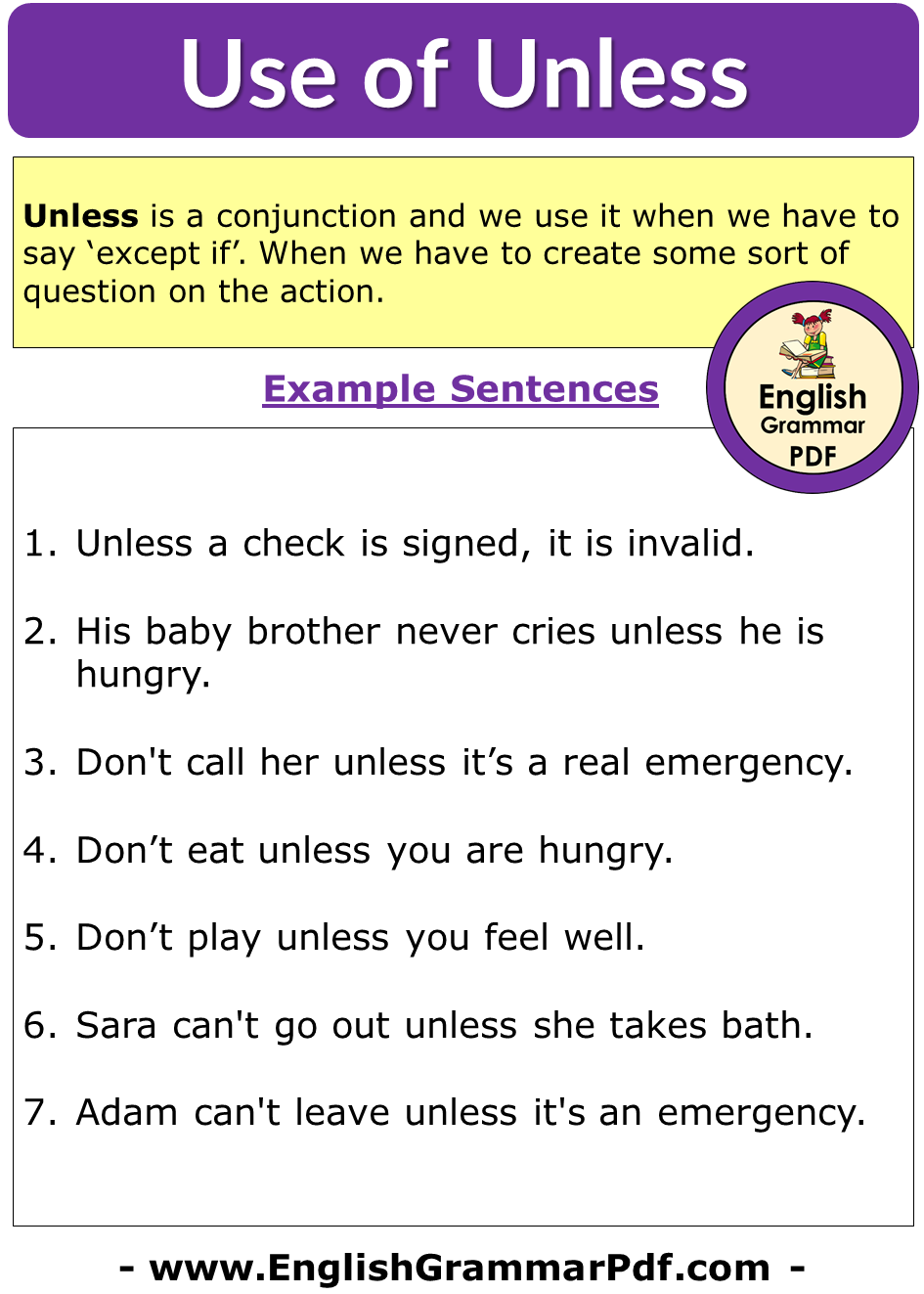 Uses UNLESS in English, 6 Example Sentences with Unless