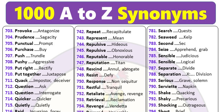 a to z synonyms in english