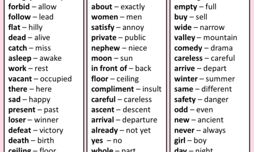 Opposite Words for Class 2, Opposite Words List