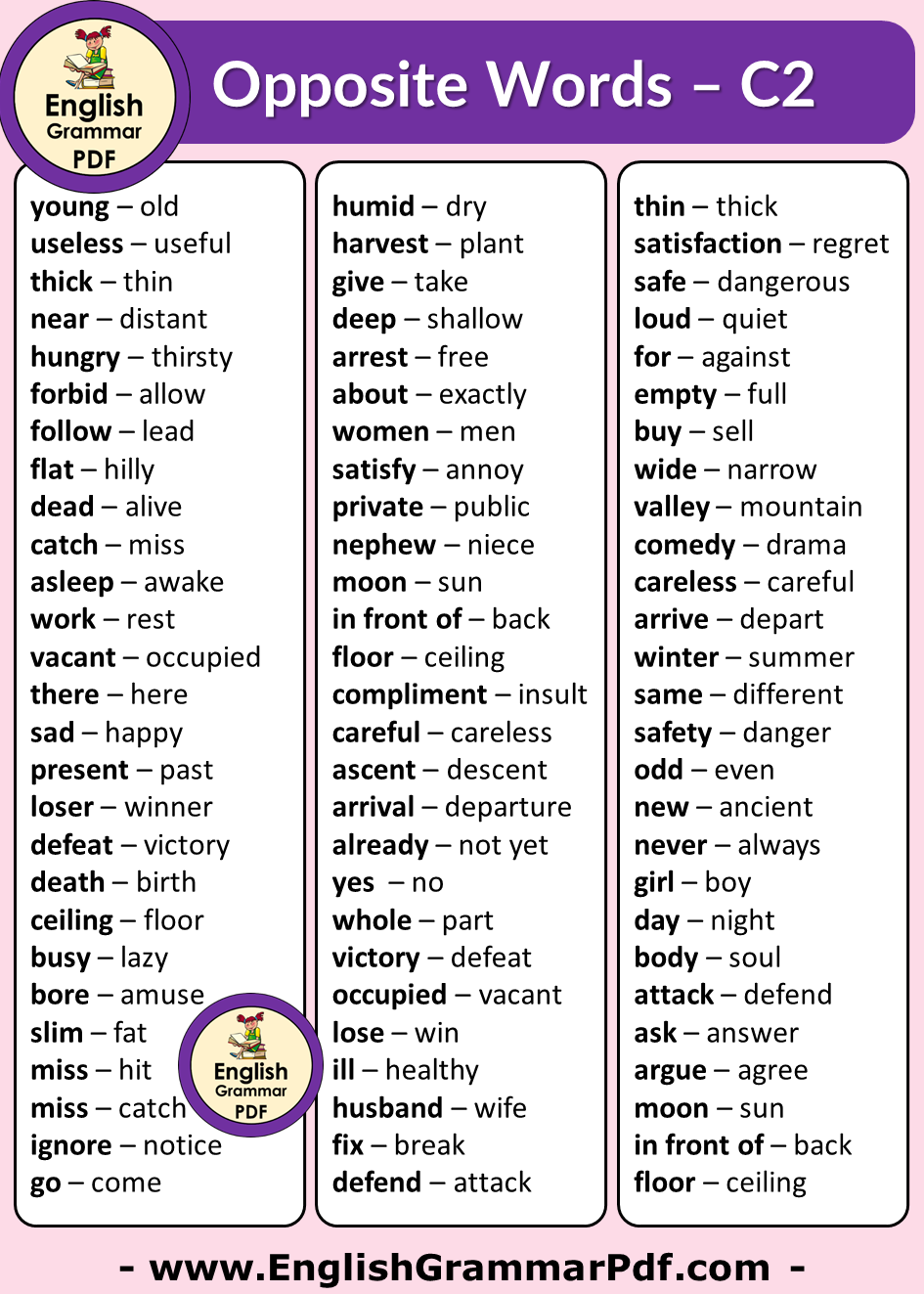 Opposite Words For Class 2 Opposite Words List English Grammar Pdf
