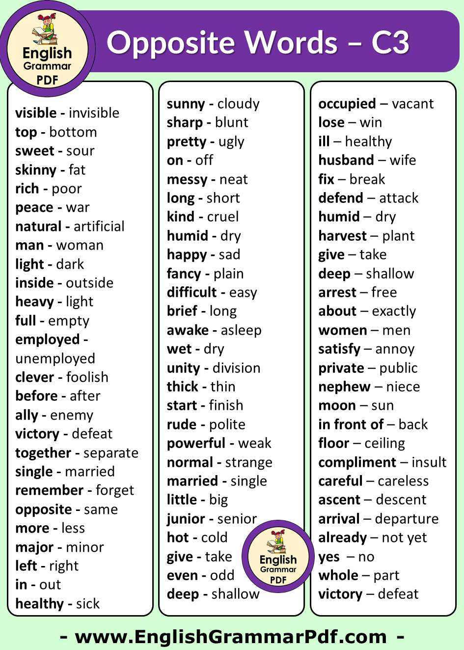 Opposite Words For Class 3 Opposite Words List English Grammar Pdf
