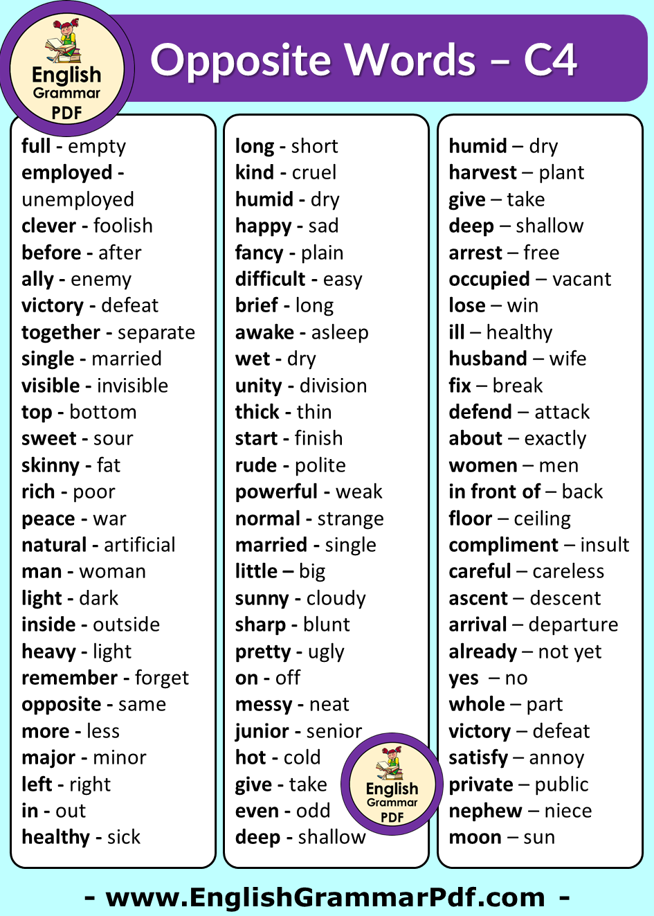 Opposite Words In English For Class 4 English Grammar Pdf