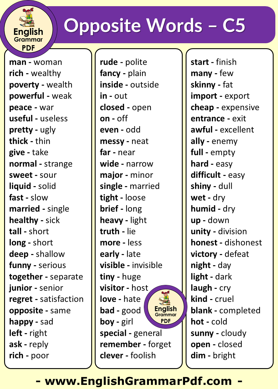 20 Opposite Words In English For Class 5 English Grammar Pdf