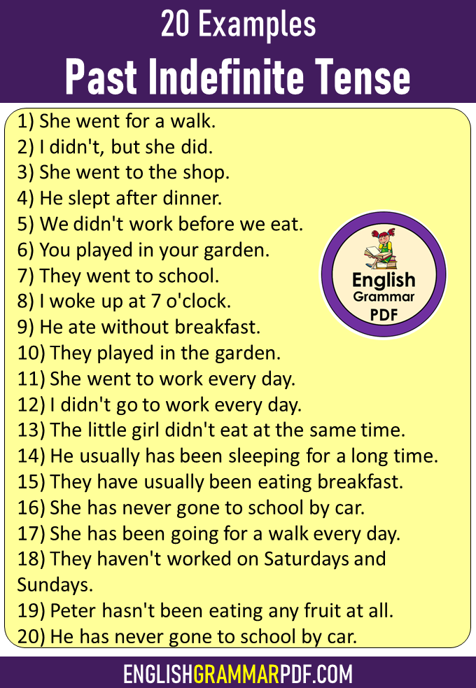 20 examples of past indefinite tense