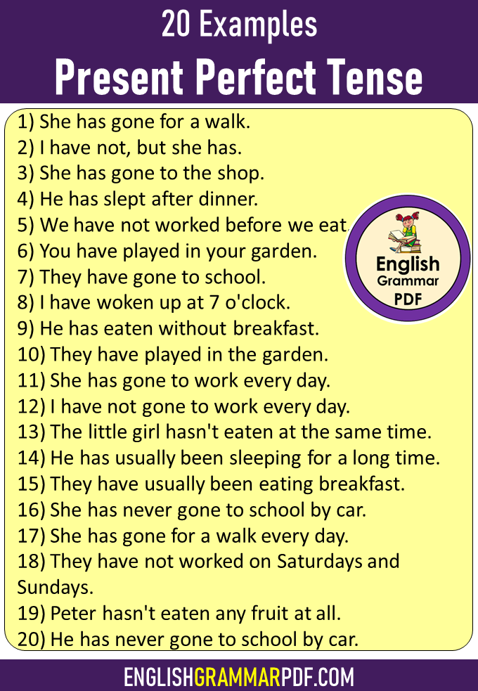 20 examples of present perfect tense