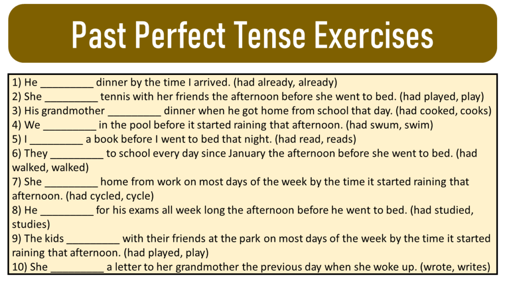 exercises of Past Perfect Tense