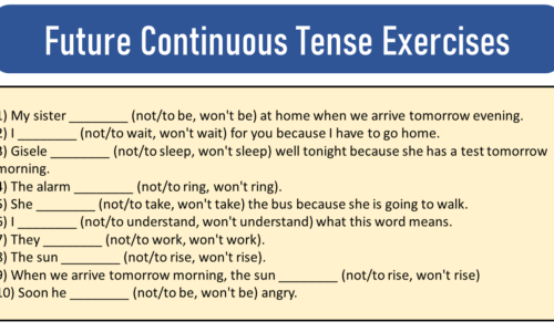 Exercises of Future Continuous Tense, Structure and Worksheet