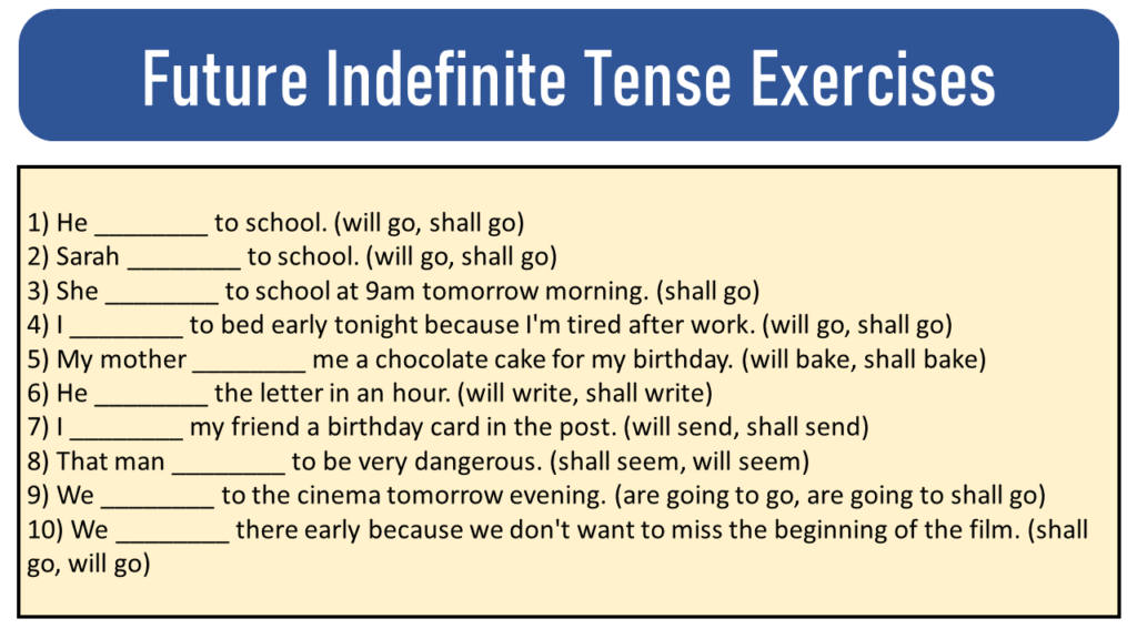 exercises of future indefinite tense