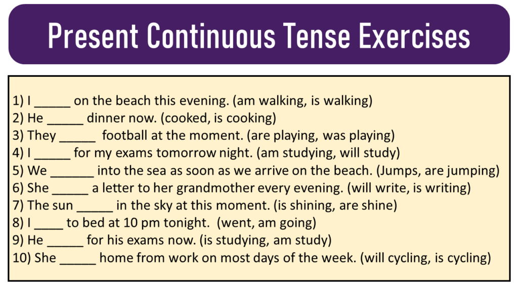 exercises of present continuous tense