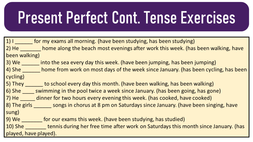 exercises of present perfect continuous tense