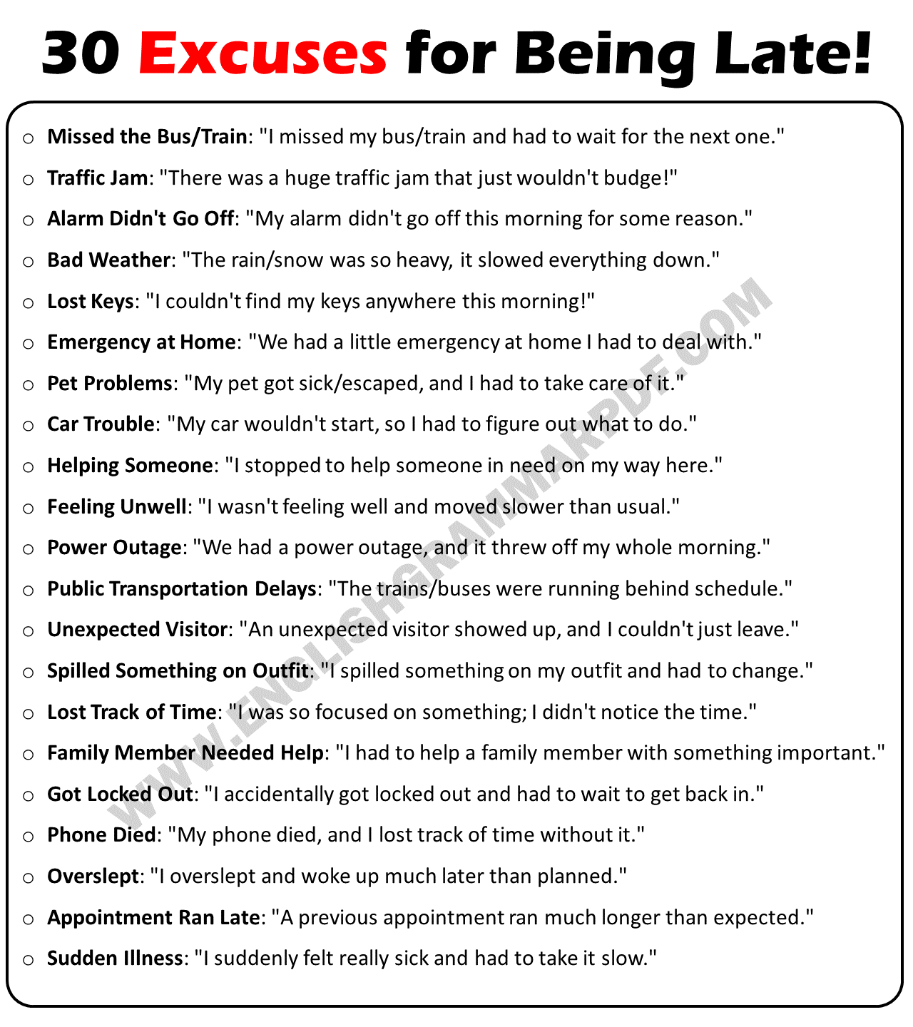 30 Excuses for Being Late!