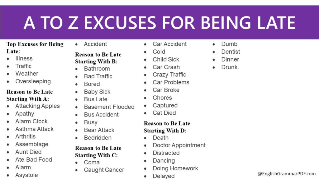 A TO Z EXCUSES FOR BEING LATE