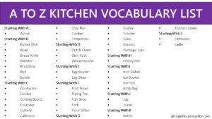 A TO Z KITCHEN VOCABULARY LIST