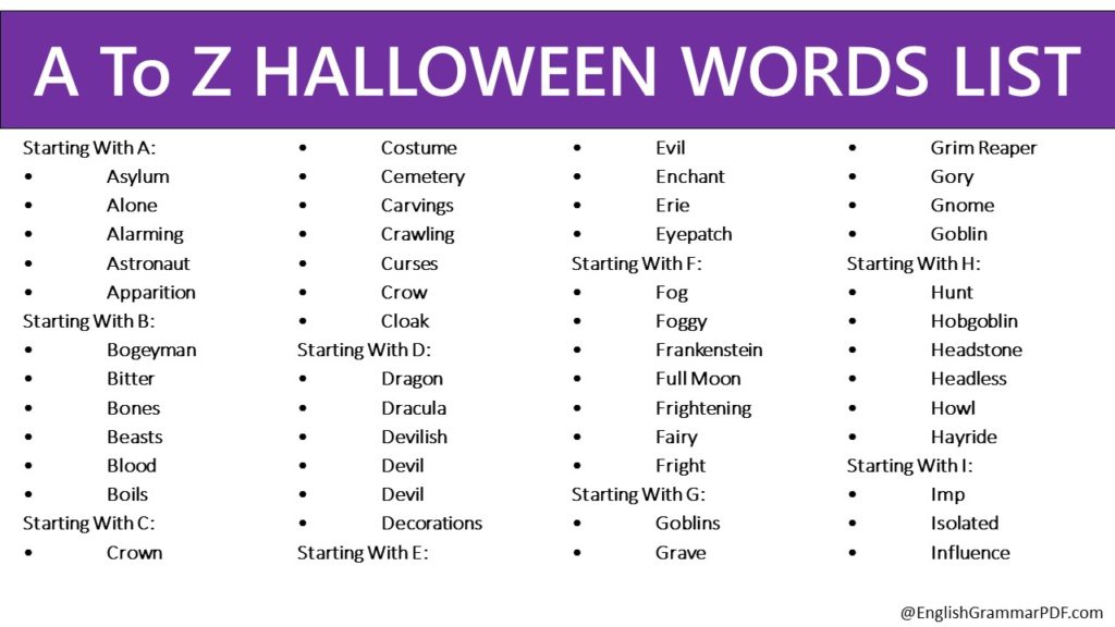 A To Z HALLOWEEN WORDS LIST