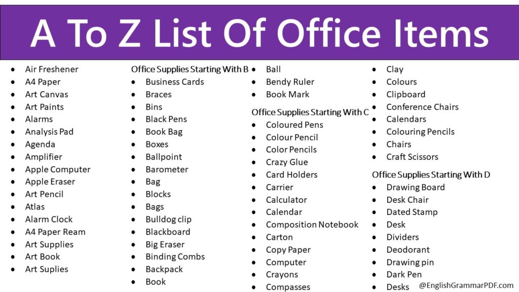A To Z List Of Office Items