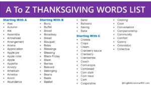 A To Z THANKSGIVING WORDS LIST