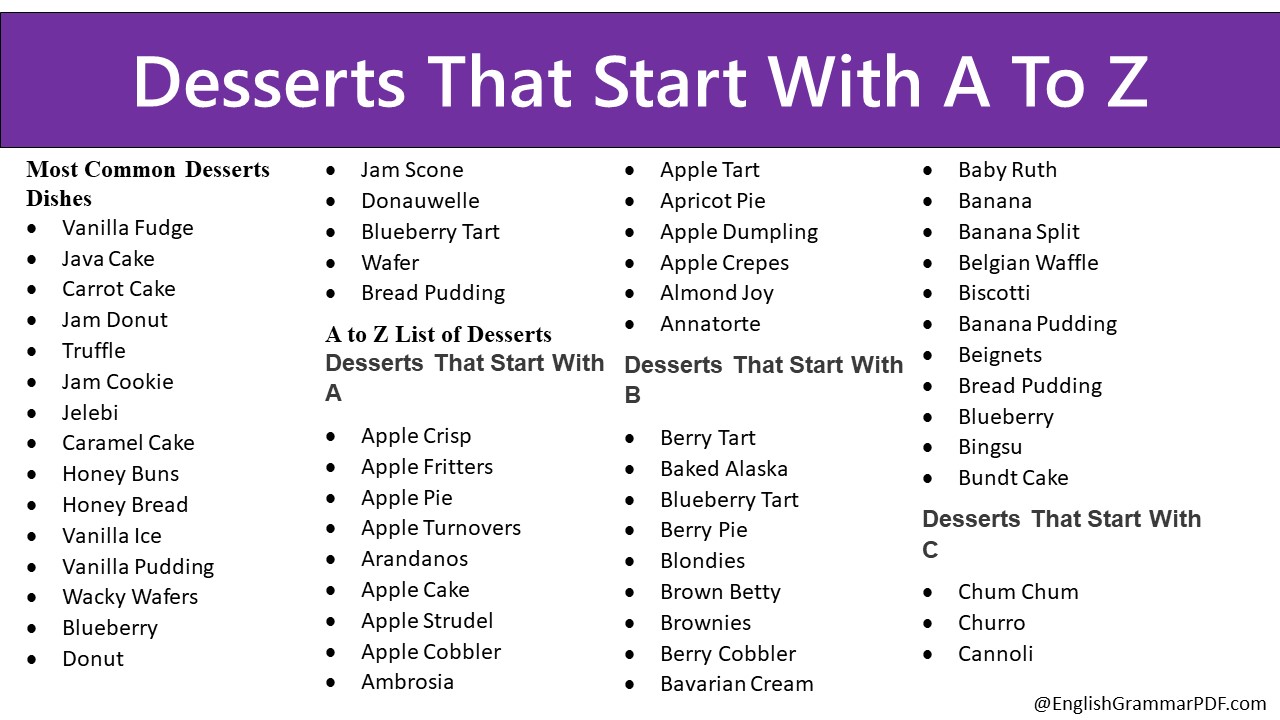 Desserts That Start With A To Z, List of Desserts English Grammar Pdf