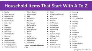 Household Items That Start With A To Z