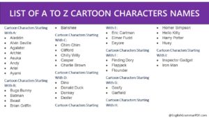 LIST OF A TO Z CARTOON CHARACTERS NAMES