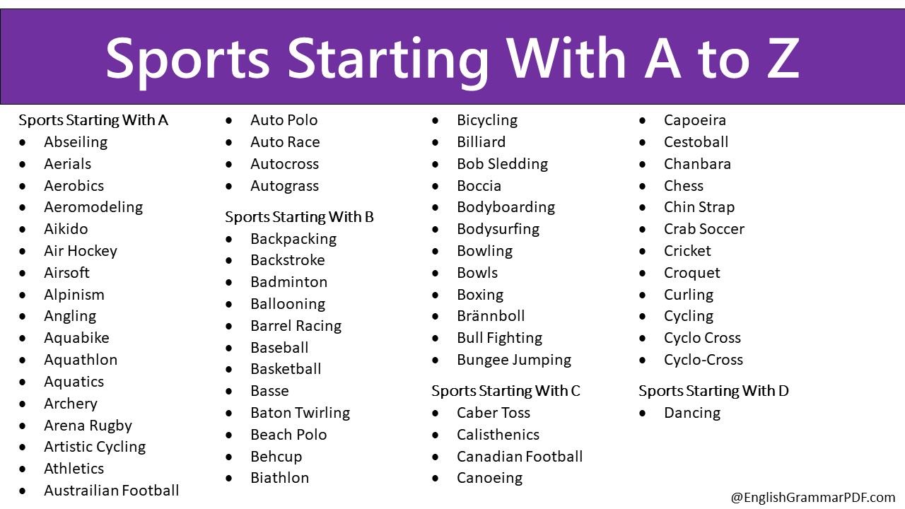 Sports Starting With A to Z List Of Sport Names English Grammar Pdf