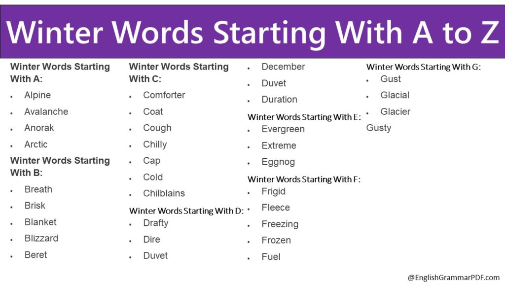 Winter Words Starting With A to Z
