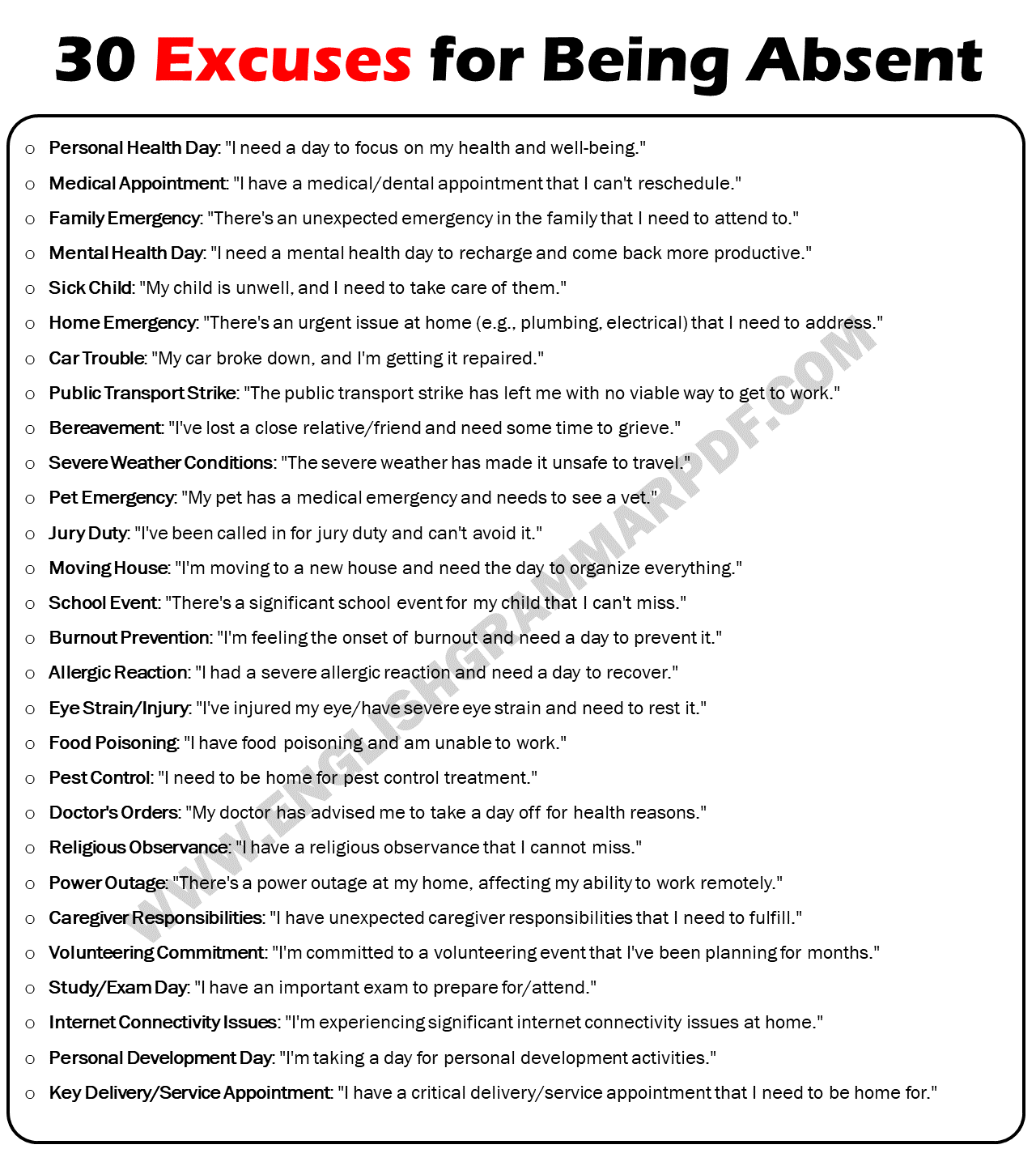 30 Excuses for Being Absent