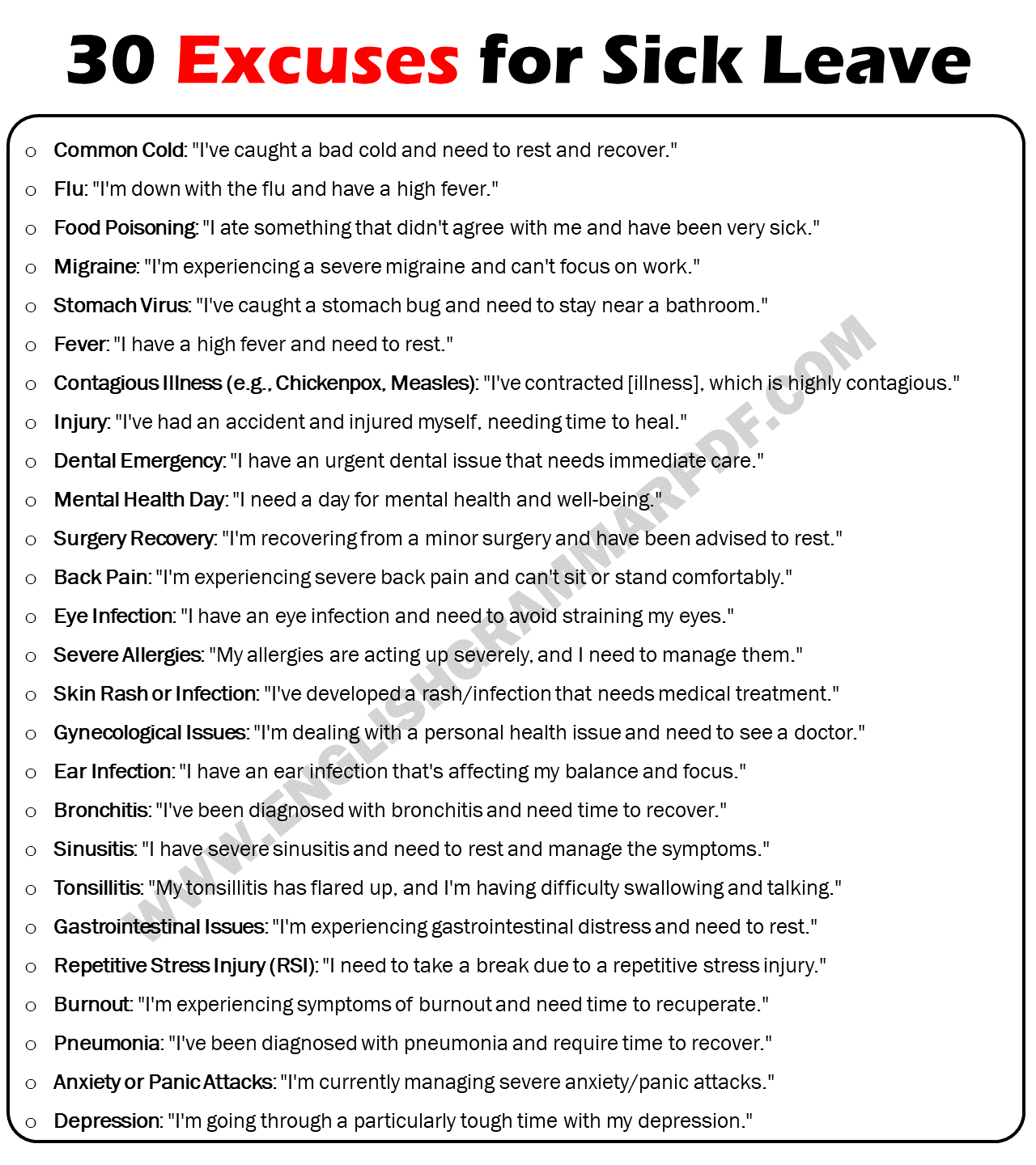 30 Excuses for Sick Leave