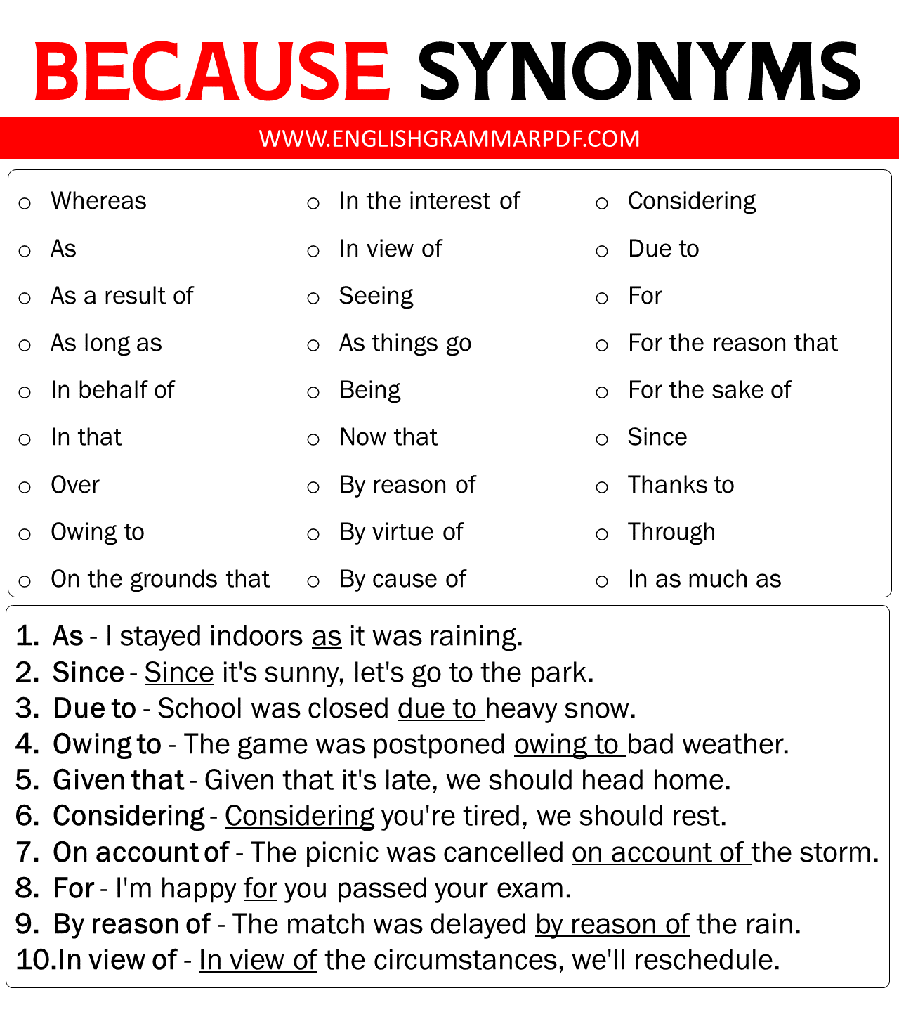 BECAUSE Synonyms
