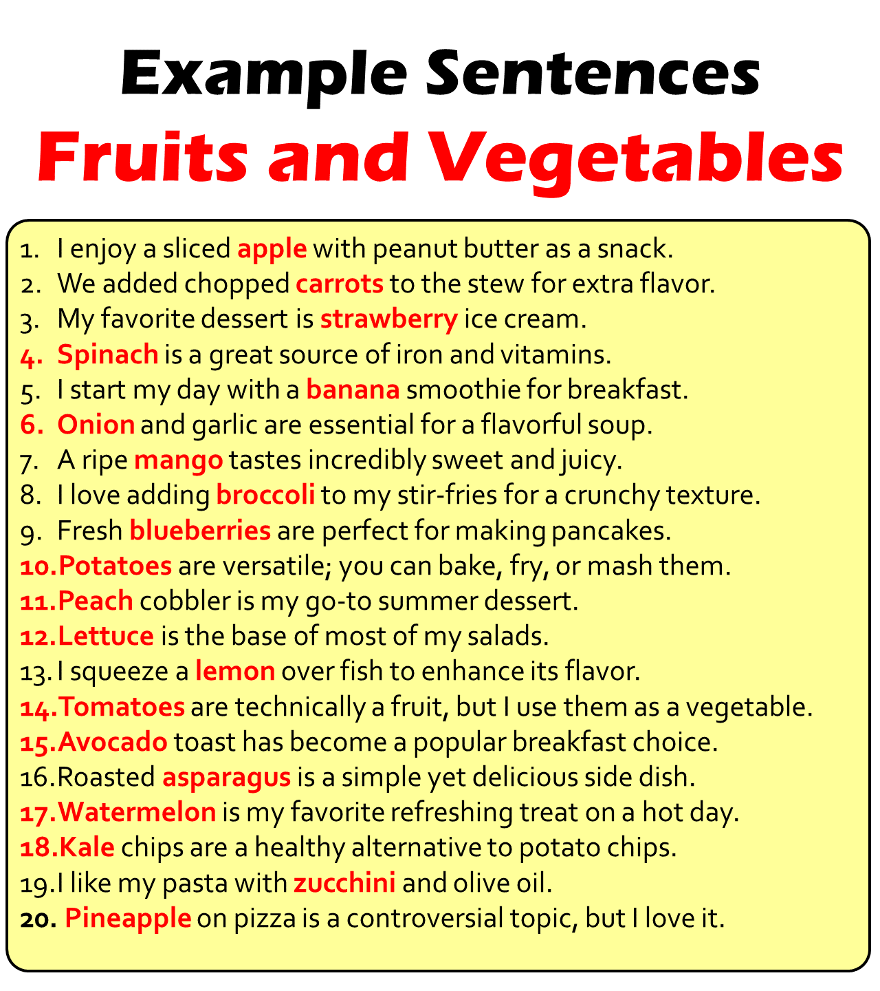Example Sentences Using Fruits and Vegetables