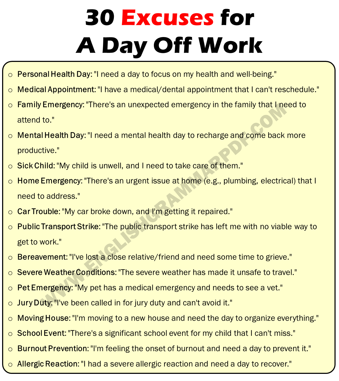 Excuses For A Day Off Work
