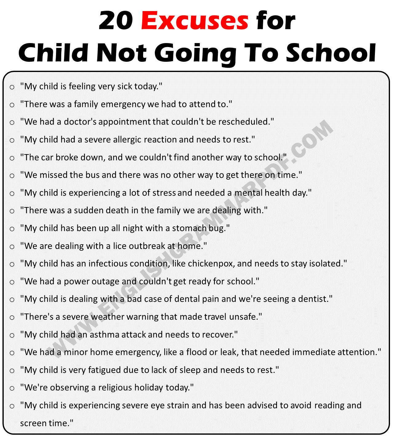 Excuses For Child Not Going To School