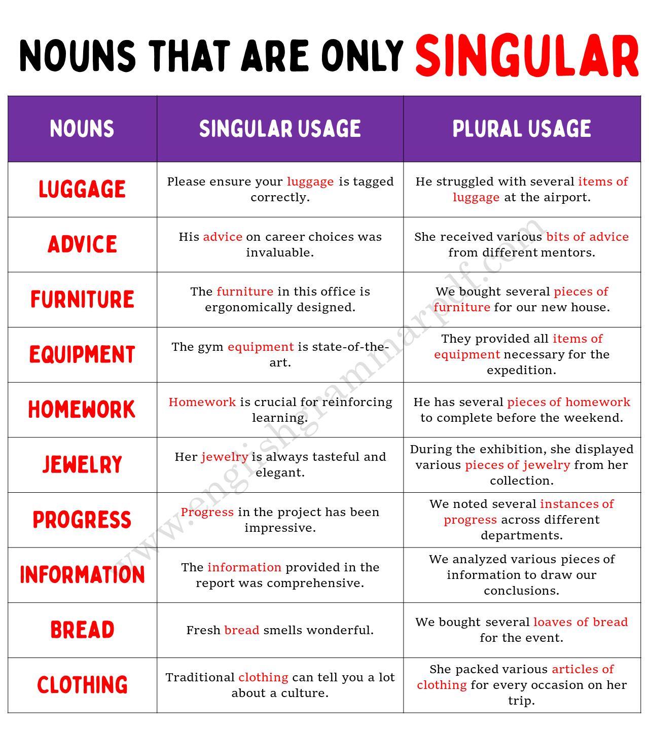 Nouns that are only Singular